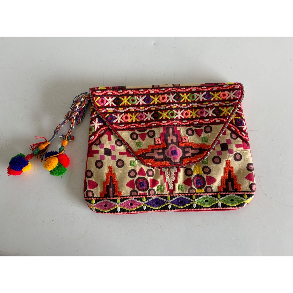 Cabi 866 Embroidered Envelope Clutch Bag Multicolor Cotton Tassel Pom Pom